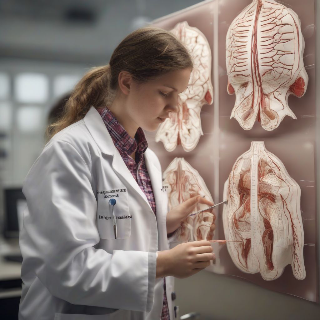 Medical student studying an anatomical model