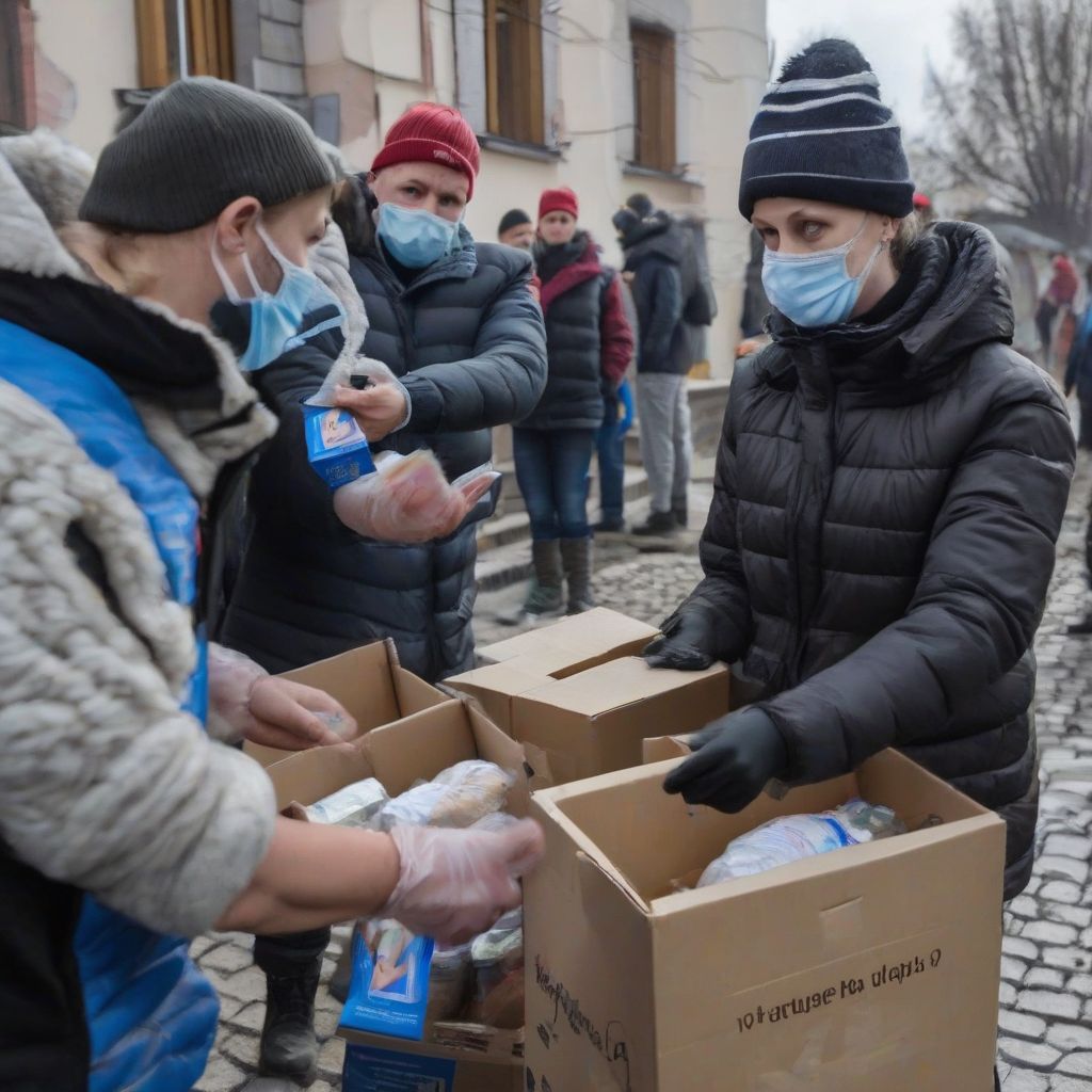 Ukrainian aid workers distributing supplies